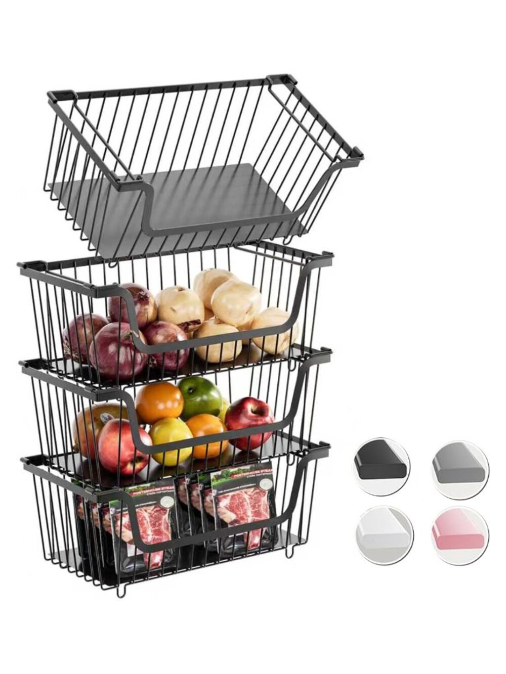 4 Pack Stackable Wire Storage Baskets Pantry Organizer Metal Mesh Bin